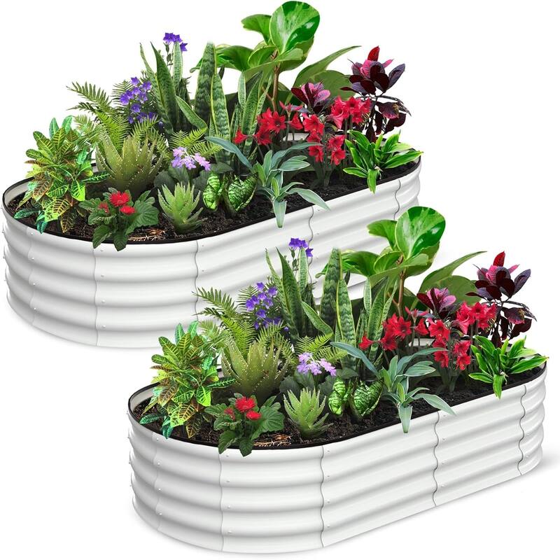 2-Pack Galvanized Steel Oval Raised Garden Beds (6*3*1.5FT) - Large Metal Planter Box with Open Base Off-White - Off-White