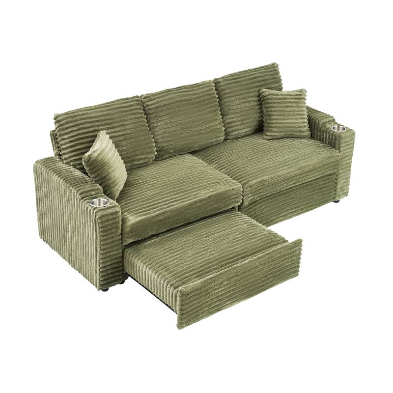 80-inch Green Corduroy Two-in-one Folding Sofa with Cup Holder and Pillow