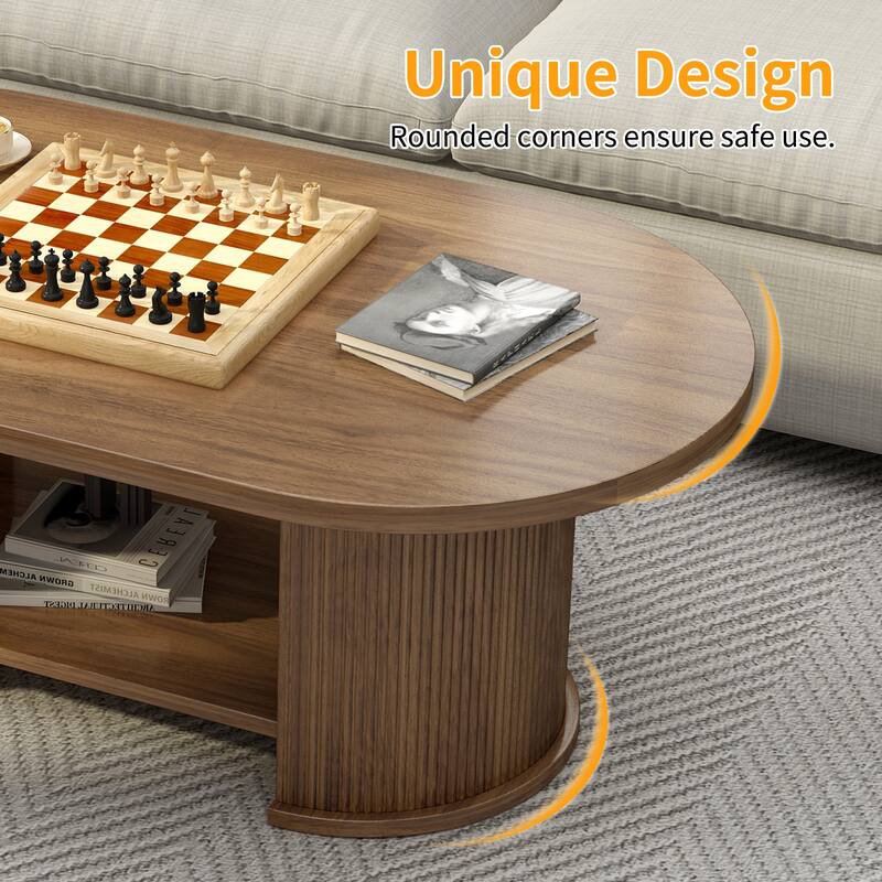 47" Oval Fluted Farmhouse Wood Coffee Table, Mid-Century 2-Tier with Storage, Walnut