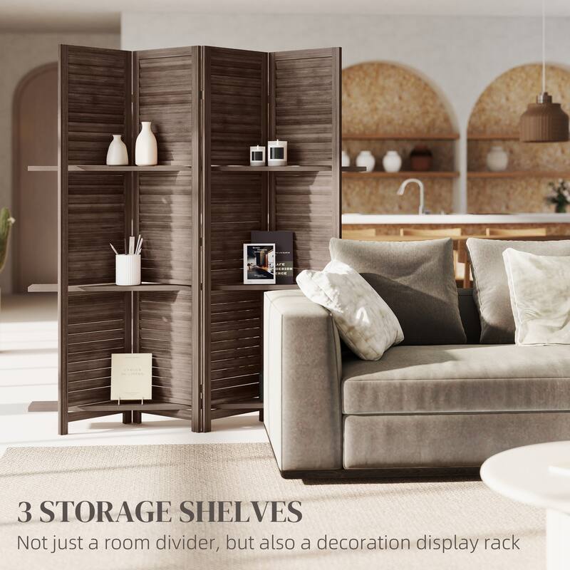 HOMCOM 4 Panel 67" Tall Wood Room Divider, Privacy Screen with 3 Display Shelves, and Folding Storage for Bedroom or Home Office