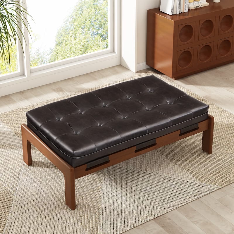 Christopher Knight Home - 48.4" Rectangle Tufted Upholstered Cocktail, Leather Ottoman Coffee Table with Rubber Wood Frame