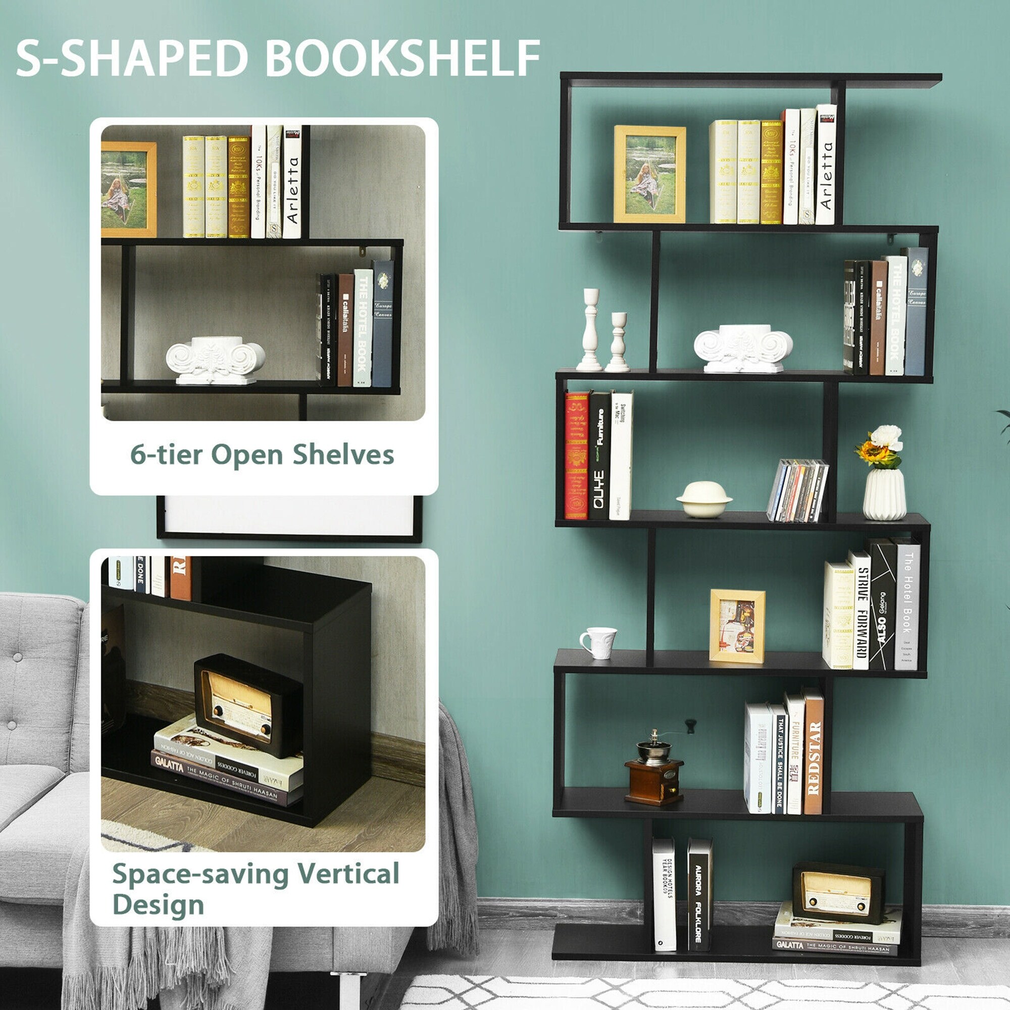Gymax 6 Tier S-Shaped Bookshelf Storage Display Bookcase Decor Z