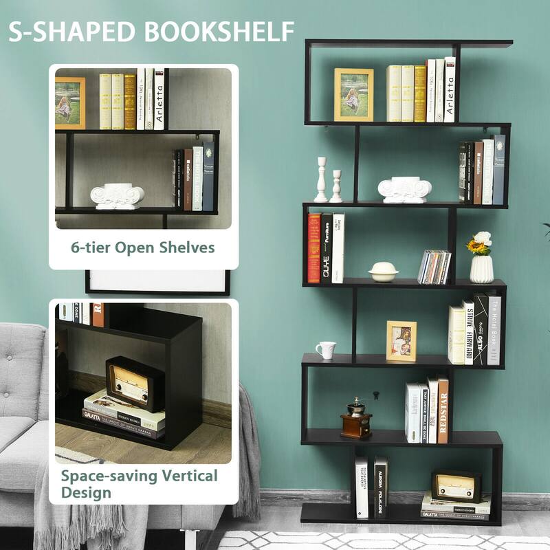 Gymax 6 Tier S-Shaped Bookshelf Storage Display Bookcase Decor Z-Shelf - 31.5'' x 9'' x 75''