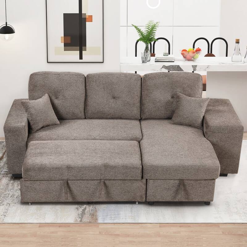 95" Pull-Out Sleeper Sofa w/ Side Shelf & 2 Stools, Storage Chaise