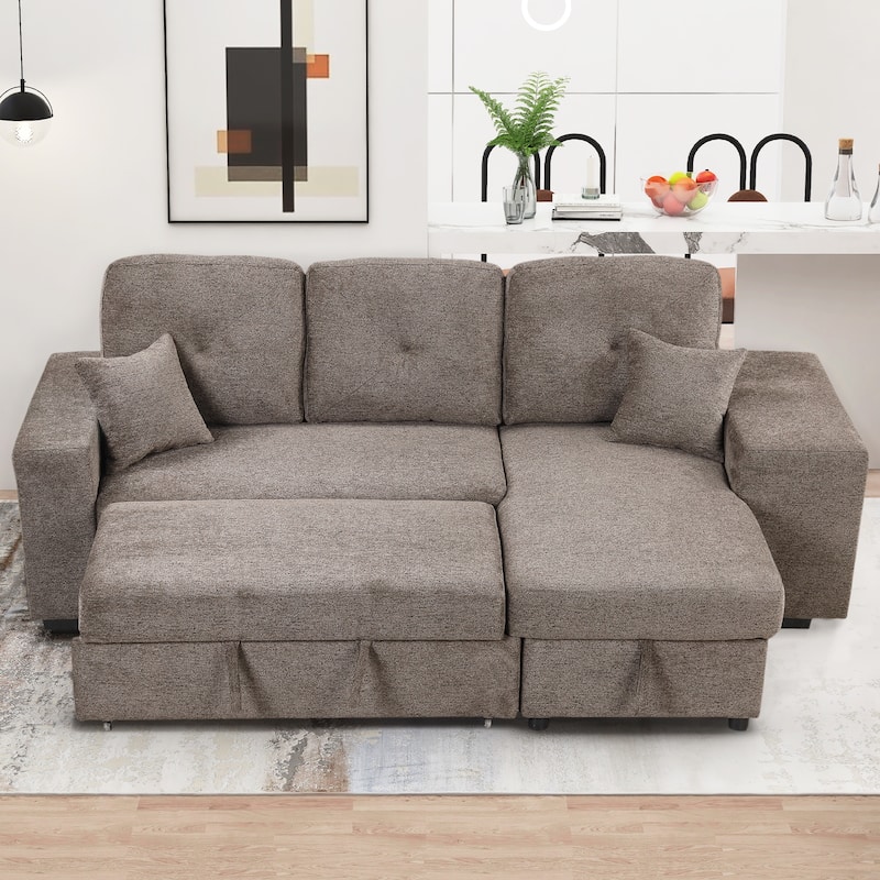 Reversible Sleeper Sectional Sofa Bed with Side Shelf and 2 Stools,Pull-Out L-Shaped Sofa Bed - Knox Charcoal
