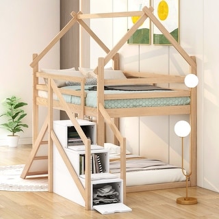 Natural Twin House Bunk Bed with Slide and Storage Staircase for Kids