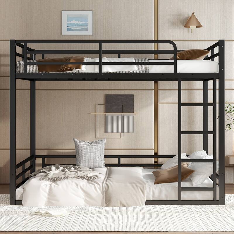 Metal Bunk Bed, Full XL over Full XL Floor Bunk Bed Frame,Heavy-Duty Bunk Bed for Kids, Teens, Adults, Noise-reduced Design