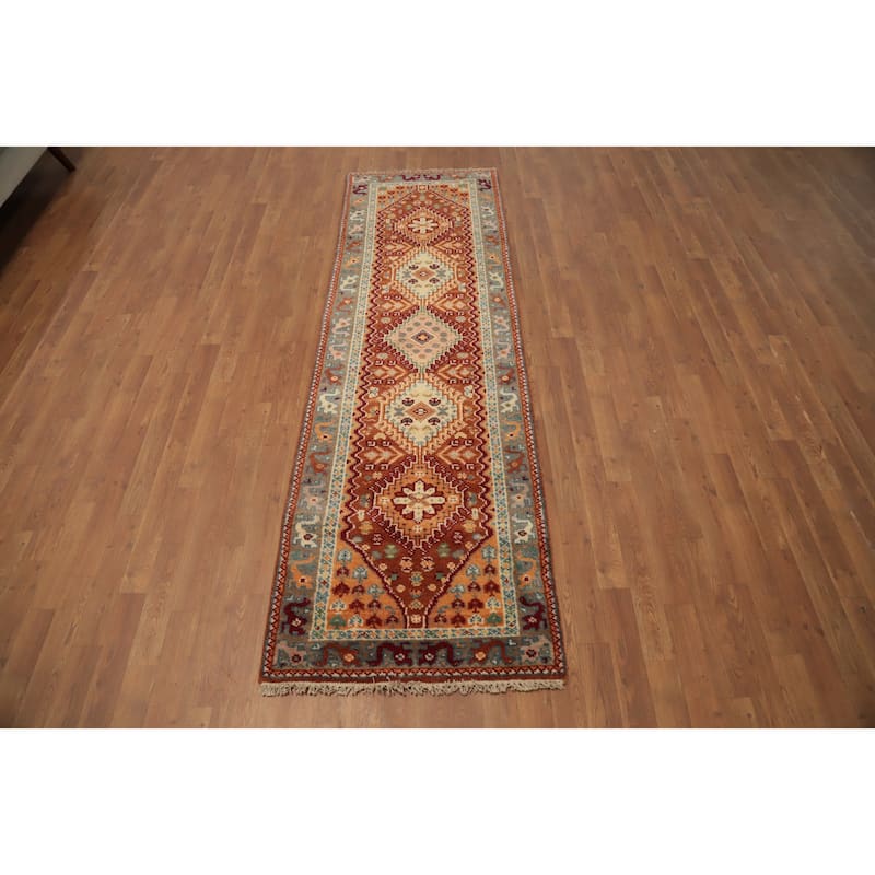 Hand Knotted Oriental 100% Wool Carpet Traditional Geometric Oranges & Rust Viss Runner Rug - 8' 3'' X 2' 7''