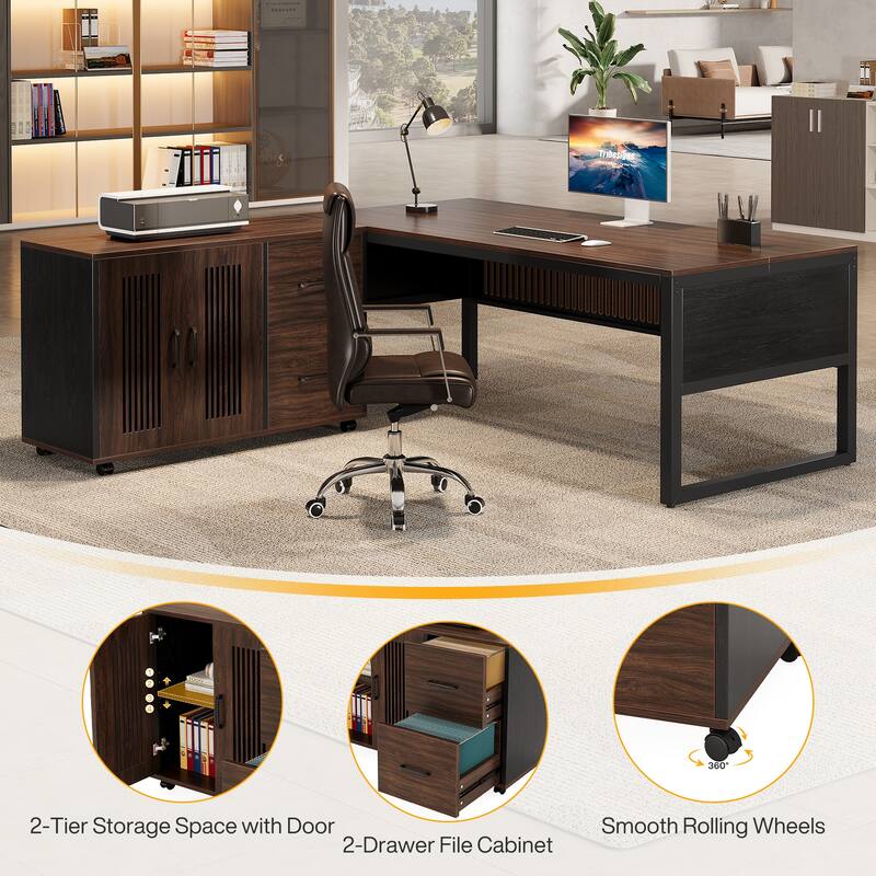 63-Inch Large Executive Desk and Mobile File Cabinet Set for Office