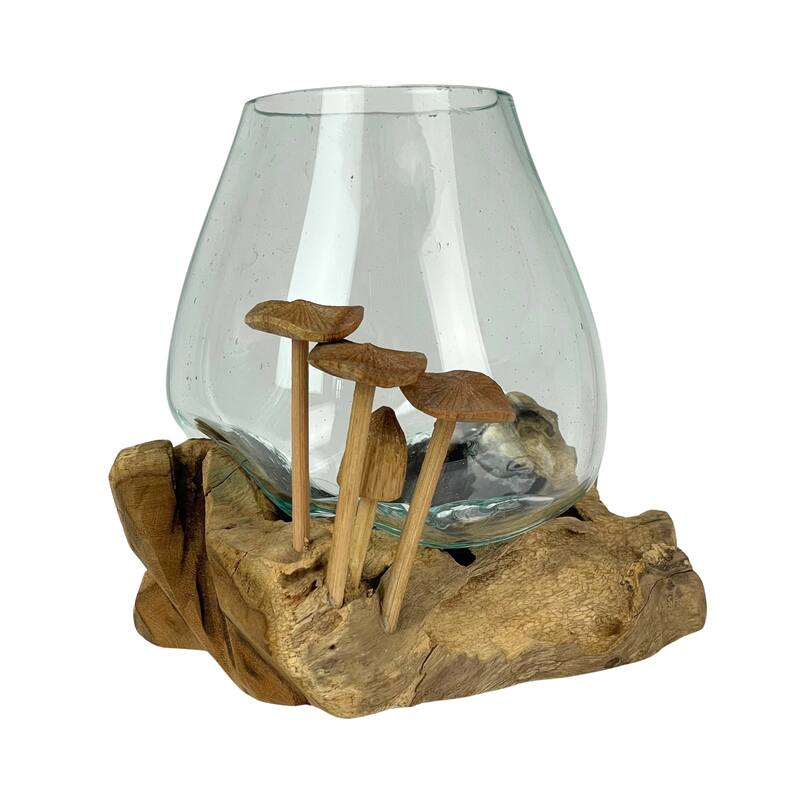 Handcrafted Glass And Teak Vase With Wood Mushroom Embellishments,