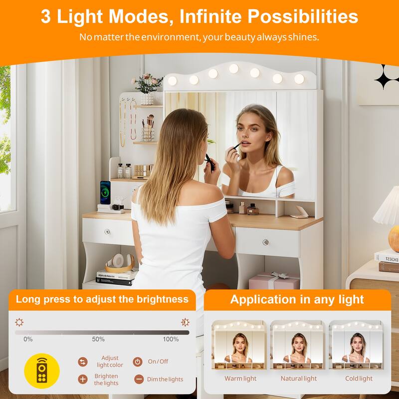 Makeup Vanity with Foldable Mirror & 3 Colors LED Lights, Vanity Desk with 2 USB Power Strip, 3 Drawers & 2 Cabinets