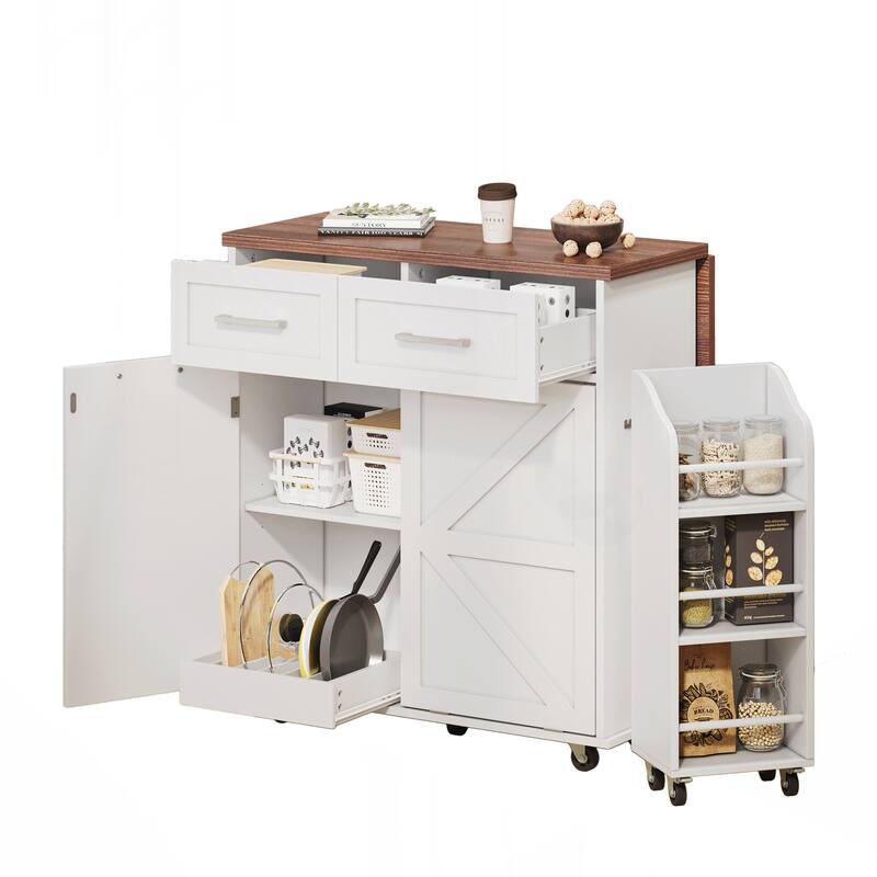 Kitchen Island with Drop Leaf, Kitchen Storage Island with Removable Side Racks, Two Drawers