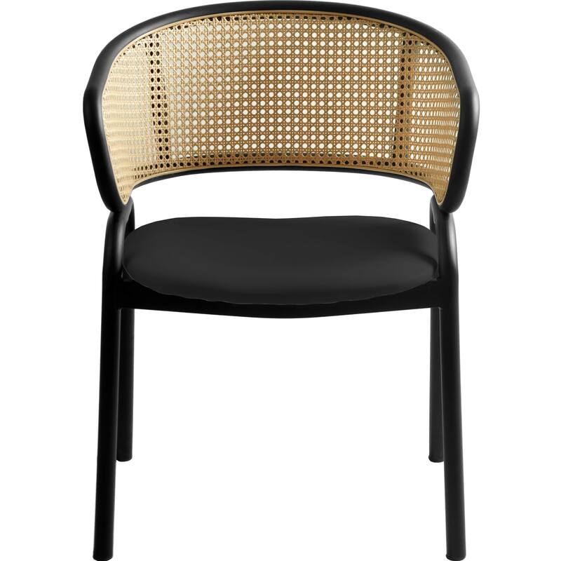 LeisureMod Set of 4 Modern Wicker Back Leather Dining Chairs with Black Steel Frame - Accent Side Armchair for Home Upgrade