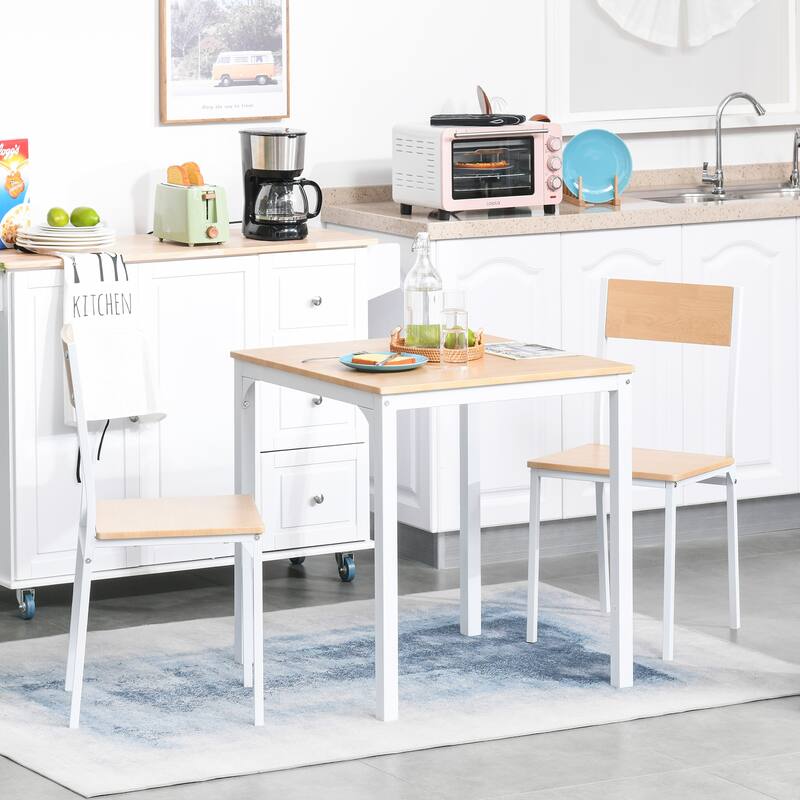 HOMCOM 3-Piece Wooden Square Dining Table Set with 1 Table and 2 Chairs and Sturdy Metal Frame, White