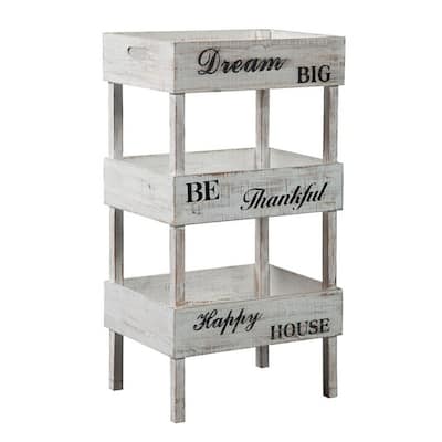 Wooden Storage Shelf with 3 Open Cases and Cut Out Handle, Antique White