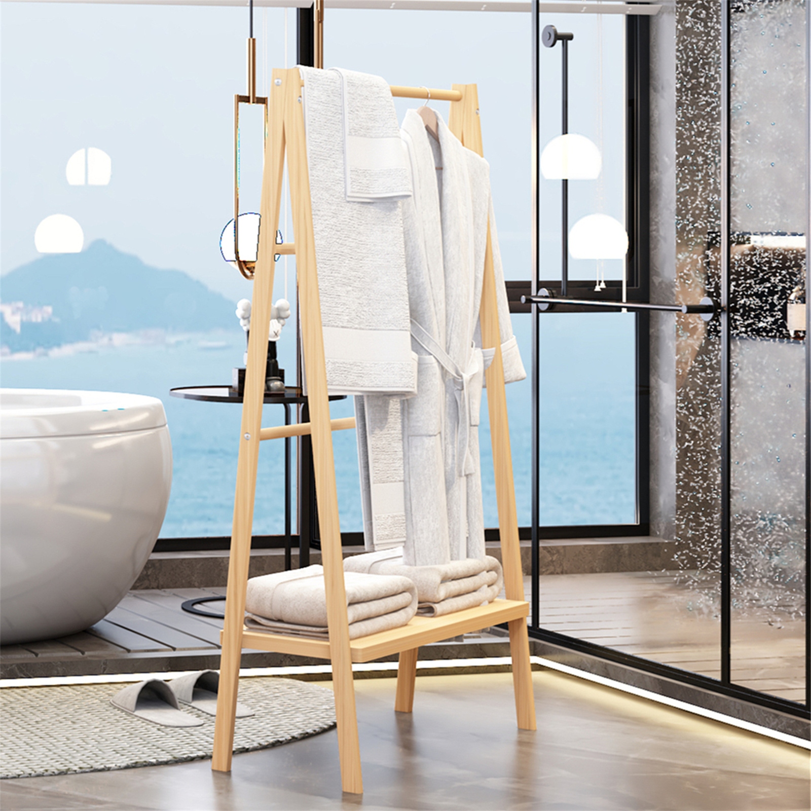 3 Shelf Ladder Towel Rack Freestanding Bamboo Wood Blanket Ladder with Storage Shelf 30 x 12 x 52 On Sale Bed Bath Beyond 40310265