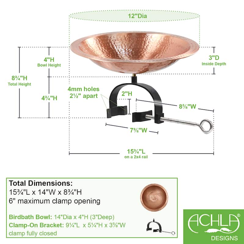 Achla Designs 16"L Round Satin Copper Hammered Birdbath w/ Wrought Iron Over Rail Bracket