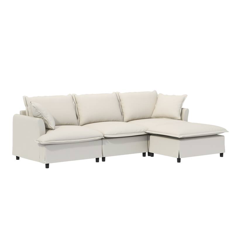 Traditional Modular Chenille Sofa with Skirted Cushions and Ottoman and 2 handrails for Living Room or Guest Room