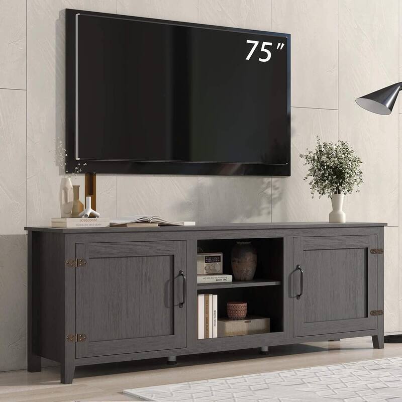 Wood Storage Cabinet Media Console for TVs up to 80" - Black