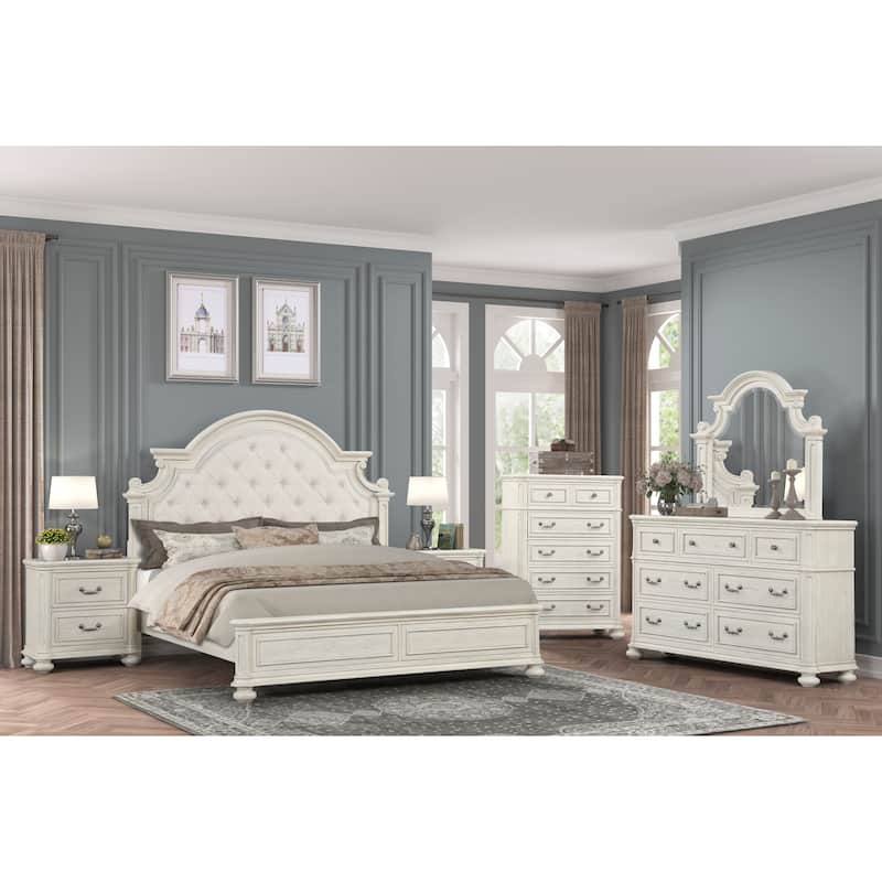 Roundhill Furniture Nelson French Traditional 6-Piece Bedroom Set, Antique White - King