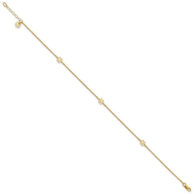 Curata 14k Yellow Gold 10+1" Open Daisy Flower Station Cable Chain Anklet (Spring-ring)