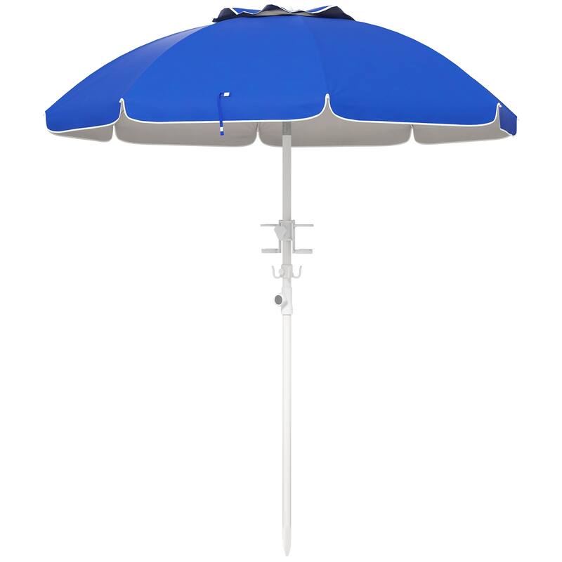 Outdoor Parasol Portable Beach Umbrella with Tilt, Adjustable Height 2 Cup Holders and Hook Ventilated Canopy, for Garden Pool