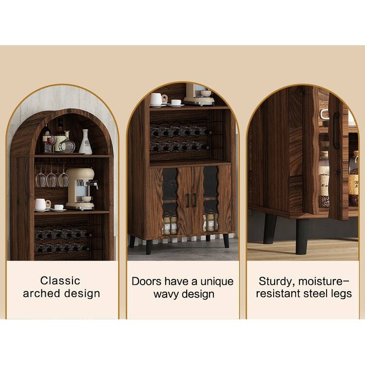 71"Farmhouse Arched Wine Bar Cabinet, Arch Cabinets &Coffee Bar, Whiskey Station With Wine Rack And Wine Glass Holder