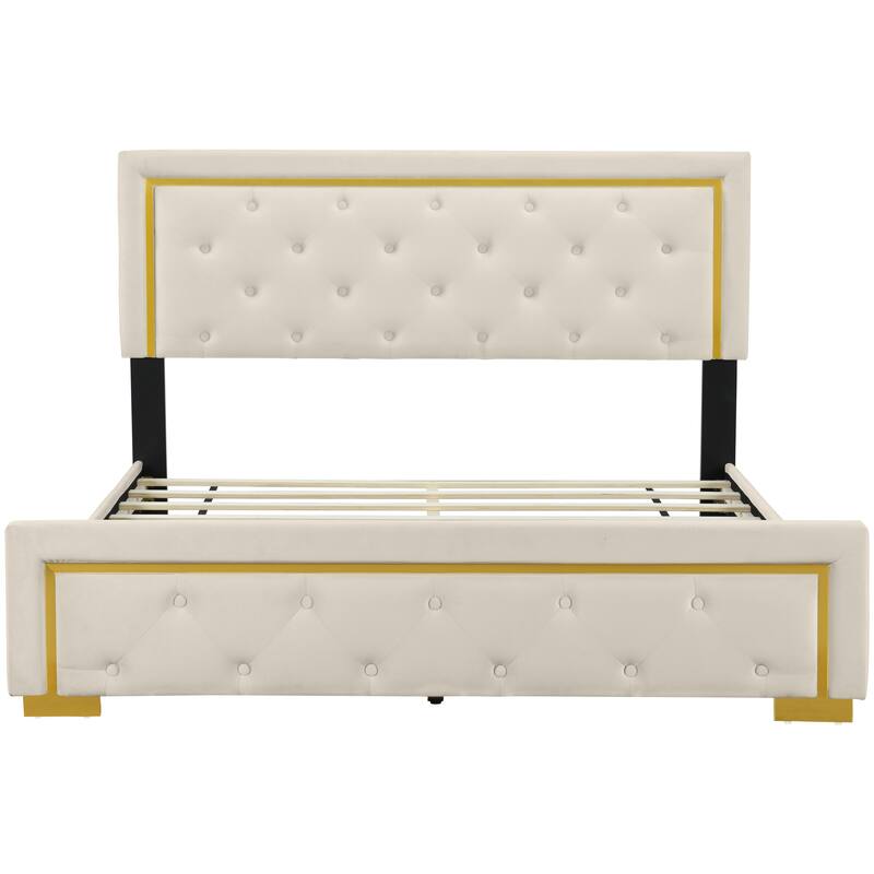 Velvet Upholstered Platform Bed With Pull Point Headboard And Metal Wire Frame