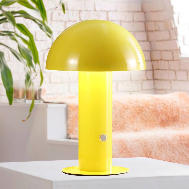 Porcini 10.75" Contemporary Bohemian Rechargeable/Cordless Iron Integrated LED Mushroom Table Lamp, by JONATHAN Y - Yellow