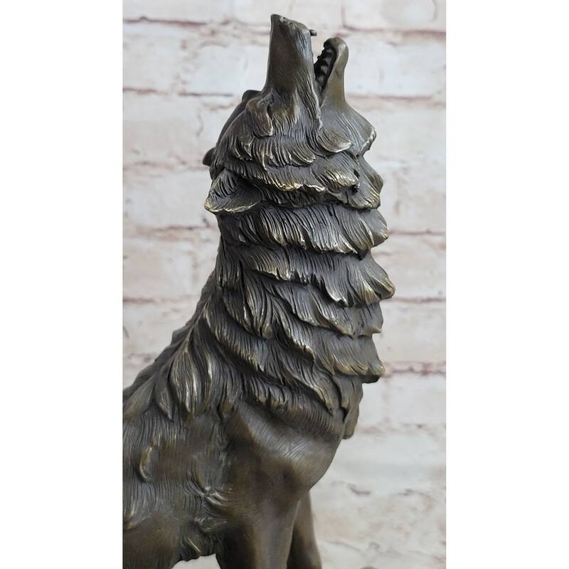 Signed Original Howling Imitative Wolf Bronze Sculpture Marble Base Statue Gift Decor Gift
