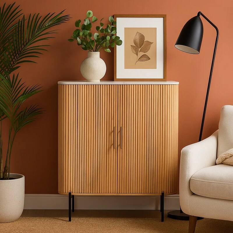 Cid Jolie Accent Cabinet, 47 Inch Marble Top, Reeded Mango Wood, 2 Doors