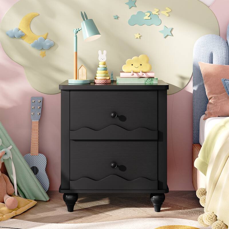 Narill Wave-Inspired Nightstand with Charging Station, Side End Table with 2 Drawers - Black-1pc