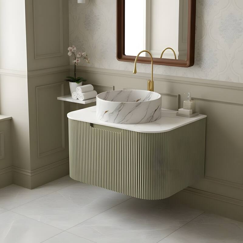 Floating Bathroom with Round Ceramic Basin and Storage Drawer