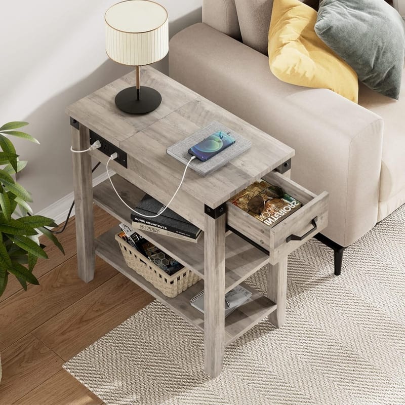 End Table with USB Ports and Outlets, Flip Top Side Table Narrow