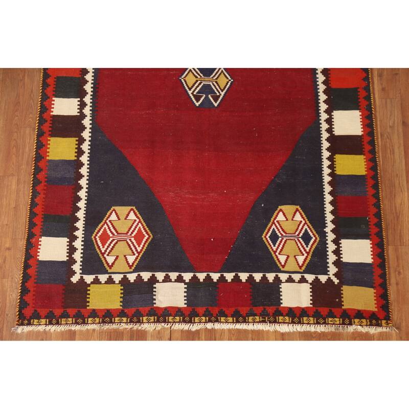 Red Kilim Qashqai Persian Vintage Area Rug Hand-Woven Wool Carpet - 4'3"x 6'7"