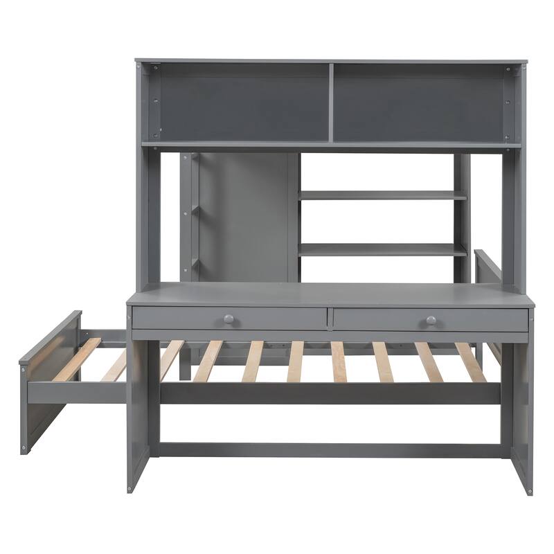 Full Size Loft Bed with Twin Bed, Shelves, Desk, and Wardrobe in Gray