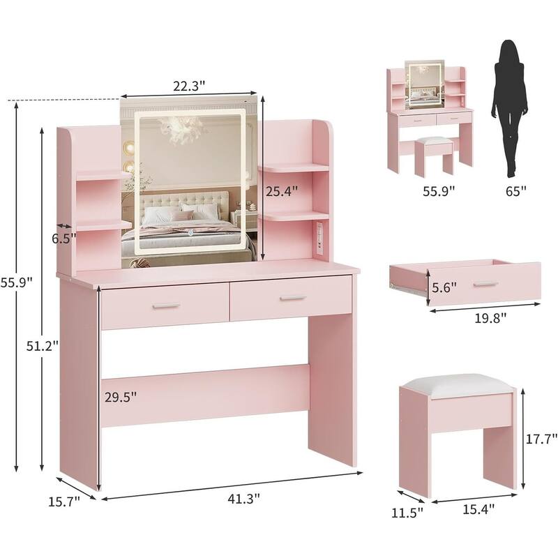2 Drawers Dressing Table, Makeup Vanity Desk with Mirror and Lights for Bedroom