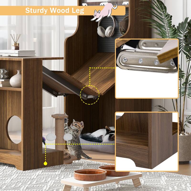 Foldable Wooden Desk with Hutch & Storage, Pet-Friendly Home Office Workstation with Shelves, Cat Bed & Scratching Post