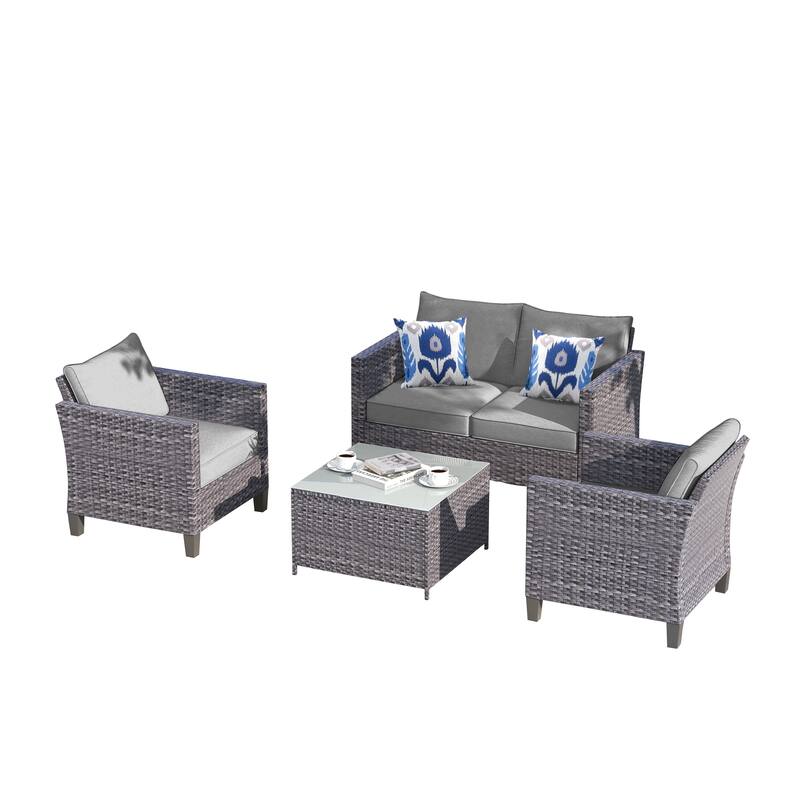 OVIOS 4-piece Loveseat Patio Furniture Outdoor Wicker Set With Glass-Top Table