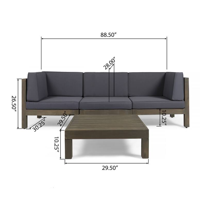 Brava Outdoor 3-Seater Acacia Wood Sectional Sofa Set with Coffee Table and Cushions by Christopher Knight Home