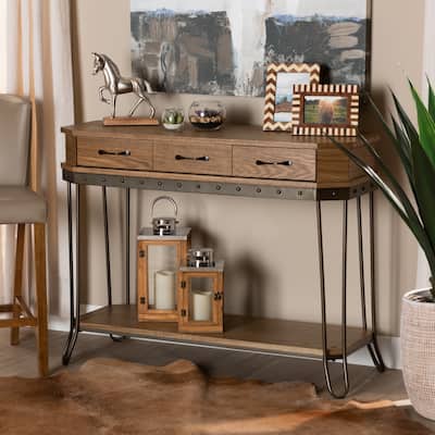 Kellyn Oak Brown Wood and Black Metal 3-Drawer Console Table