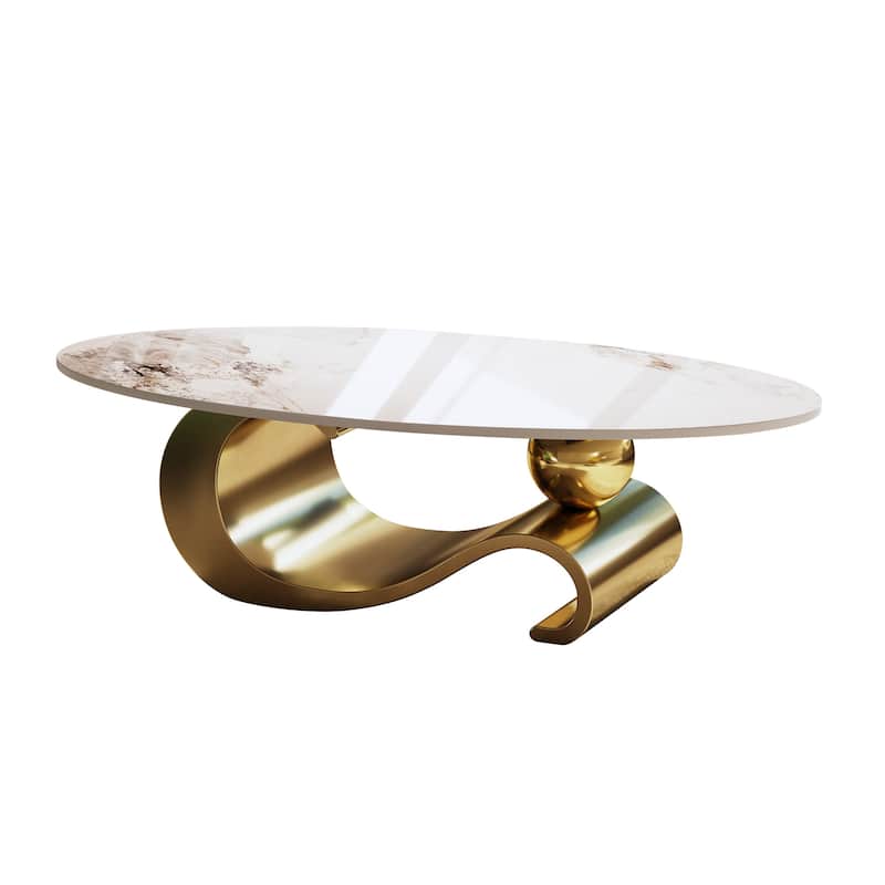 49.2" Faux Marble Oval Coffee Table, Contemporary Stainless Steel Base, Modern Center Table For Living Room