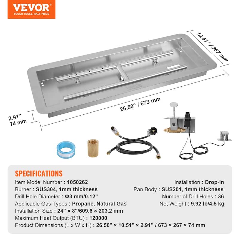 VEVOR 24x8 30x10 & 36x12 inch Rectangular Fire Pit Pan Stainless Steel 120,000 to 150,000 BTU for Indoor Outdoor