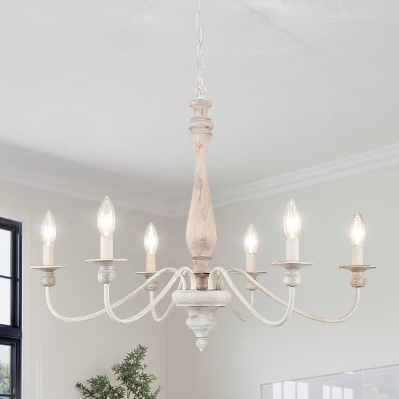 6-Light Dimmable Classic Chandelier, Candle Style Chandelier for Living Room Kitchen Island Dining Foyer - Distressed Wood