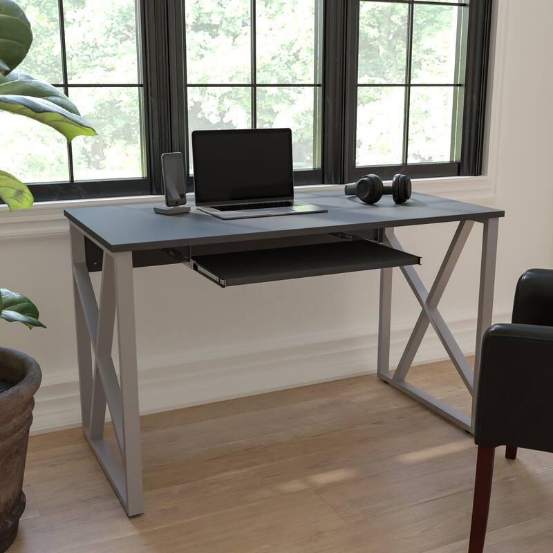 Computer Desk with Pull-Out Keyboard Tray and Cross-Brace Frame - Black