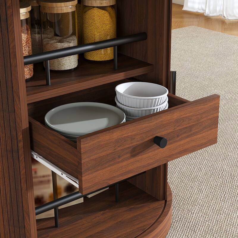 Anmytek Extendable Round Dining Table with Hidden Storage Walnut Pedestal Kitchen Table