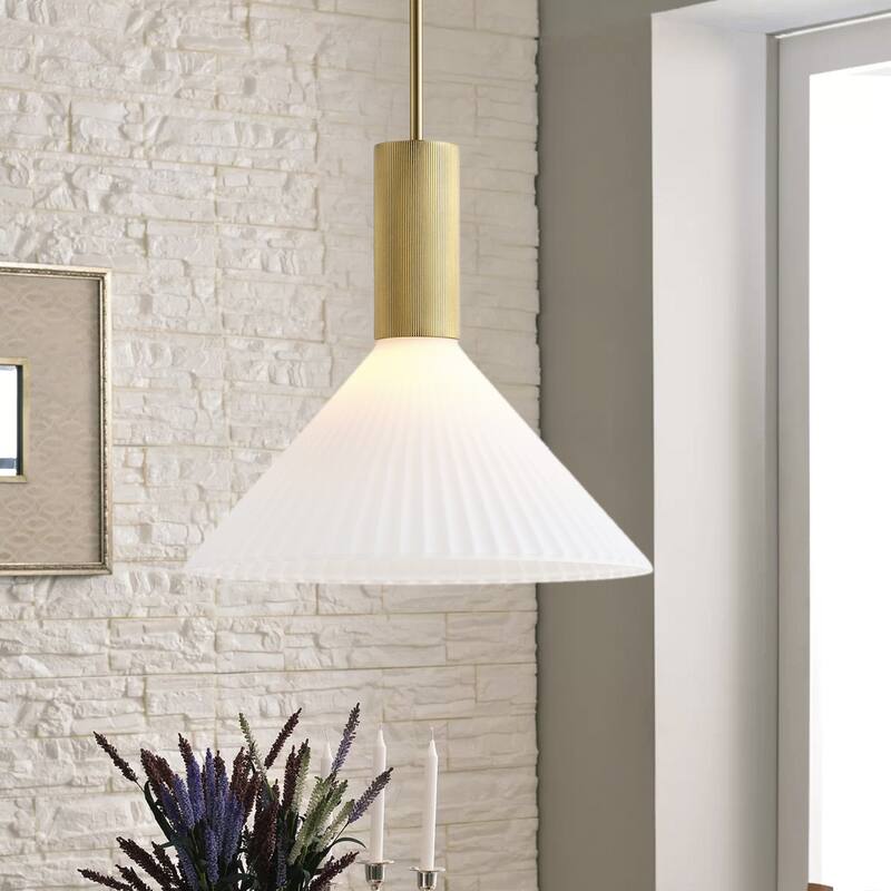 Brass Pendant Light White Jade Acid Washed Glass Adjustable Rod Modern Large Cone