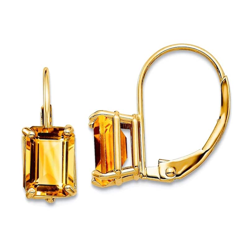 Curata 14k Yellow Gold 7x5mm Emerald-Cut Genuine Gemstone Leverback Earrings - 5x16mm - Citrine
