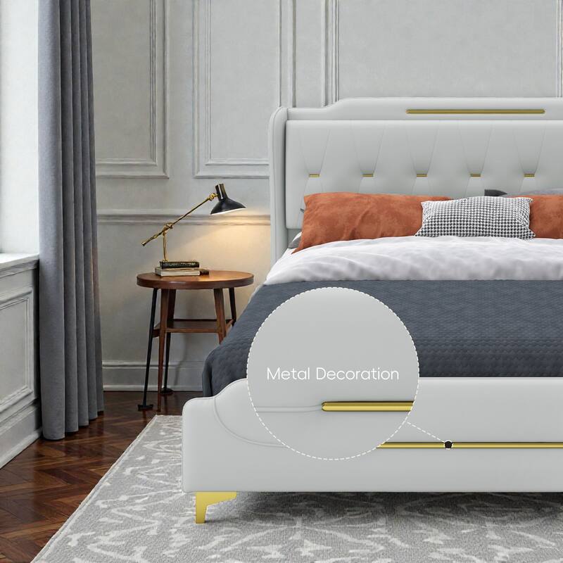 Queen/King PU Leather Upholstered Platform Bed with Wingback Headboard & Footboard, Gold Metal Accents and Wooden Slats