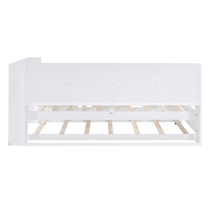 Wooden DayBed Sofa Bed Frame with L-Shape Storage Headboard, Platform Bed Pull-out Trundle Bed, USB Charging Ports